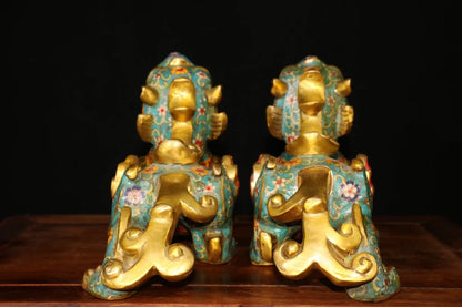 12"Tibet Temple Collection Old Bronze Cloisonne Enamel Flower Texture Brave Troops Unicorn A pair Amass wealth Town house