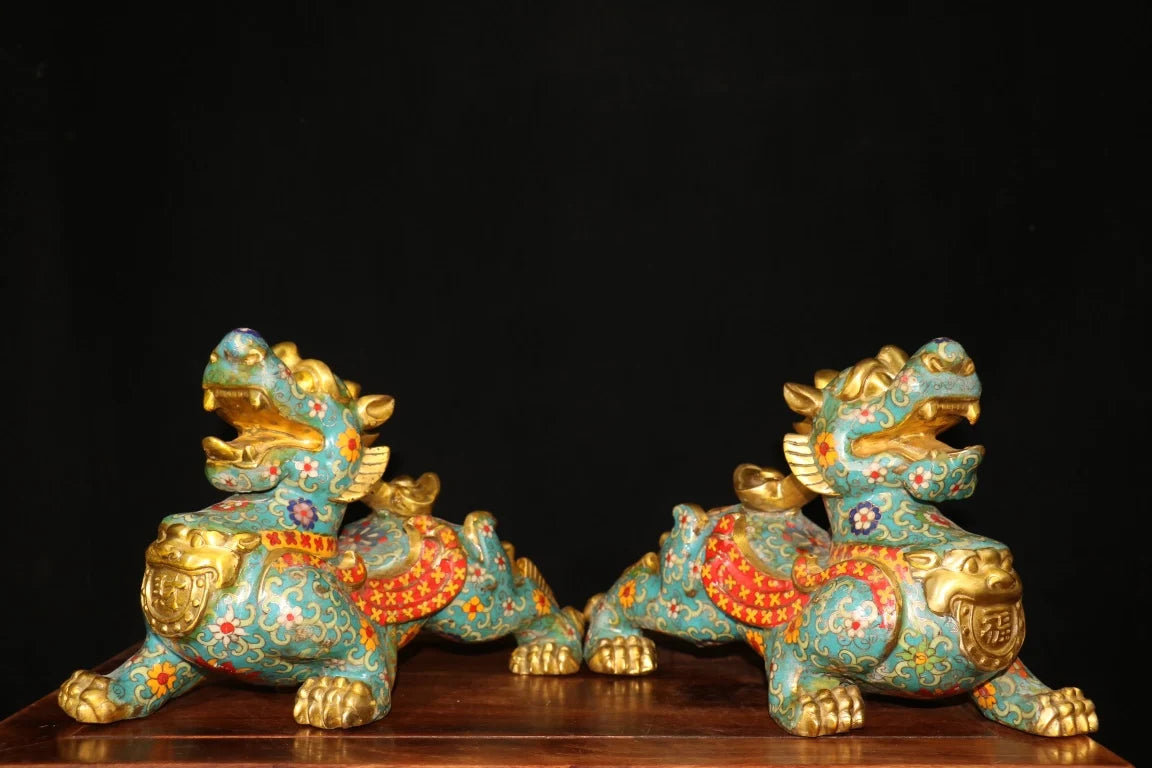 12"Tibet Temple Collection Old Bronze Cloisonne Enamel Flower Texture Brave Troops Unicorn A pair Amass wealth Town house