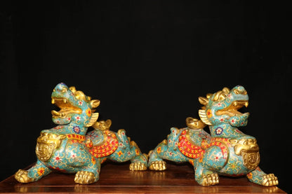 12"Tibet Temple Collection Old Bronze Cloisonne Enamel Flower Texture Brave Troops Unicorn A pair Amass wealth Town house