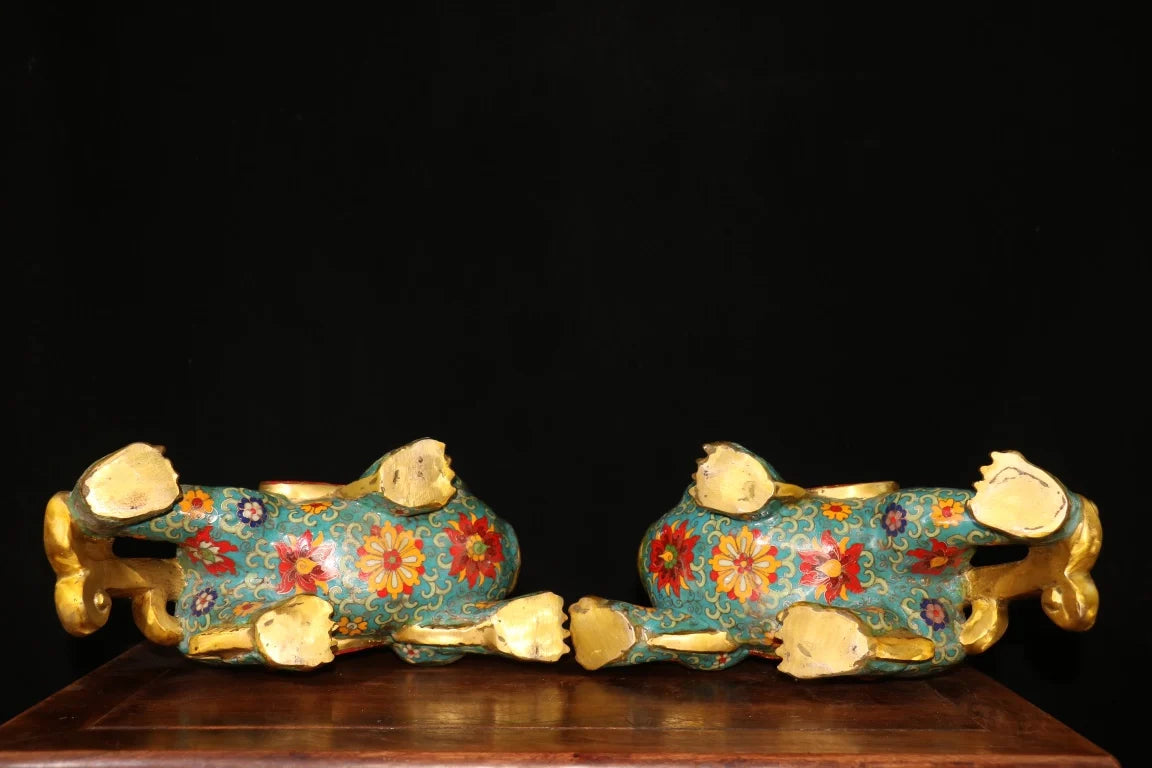 12"Tibet Temple Collection Old Bronze Cloisonne Enamel Flower Texture Brave Troops Unicorn A pair Amass wealth Town house