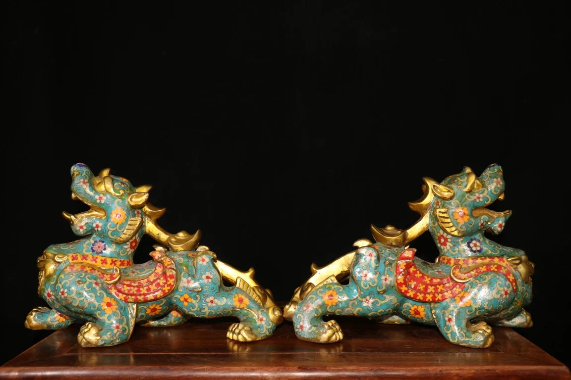 12"Tibet Temple Collection Old Bronze Cloisonne Enamel Flower Texture Brave Troops Unicorn A pair Amass wealth Town house