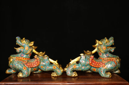 12"Tibet Temple Collection Old Bronze Cloisonne Enamel Flower Texture Brave Troops Unicorn A pair Amass wealth Town house