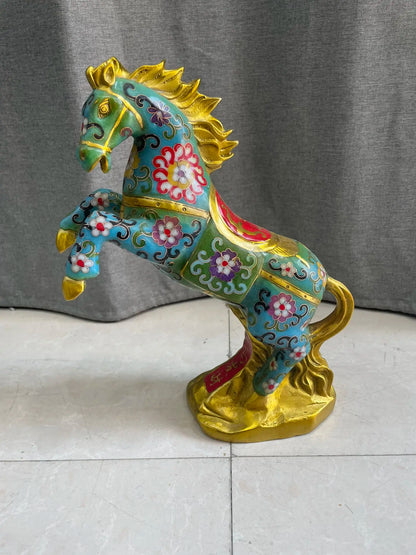 12"Tibet Temple Collection Old Bronze Cloisonne Enamel Horse Statue Standing Horse Get rich immediately Amass wealth Town house