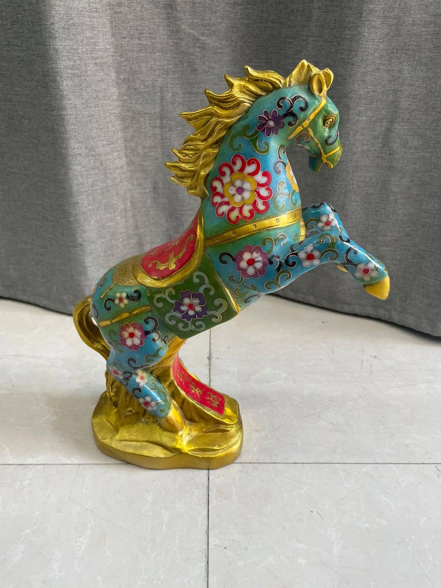 12"Tibet Temple Collection Old Bronze Cloisonne Enamel Horse Statue Standing Horse Get rich immediately Amass wealth Town house