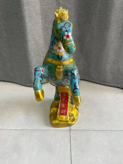 12"Tibet Temple Collection Old Bronze Cloisonne Enamel Horse Statue Standing Horse Get rich immediately Amass wealth Town house