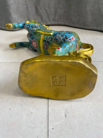 12"Tibet Temple Collection Old Bronze Cloisonne Enamel Horse Statue Standing Horse Get rich immediately Amass wealth Town house
