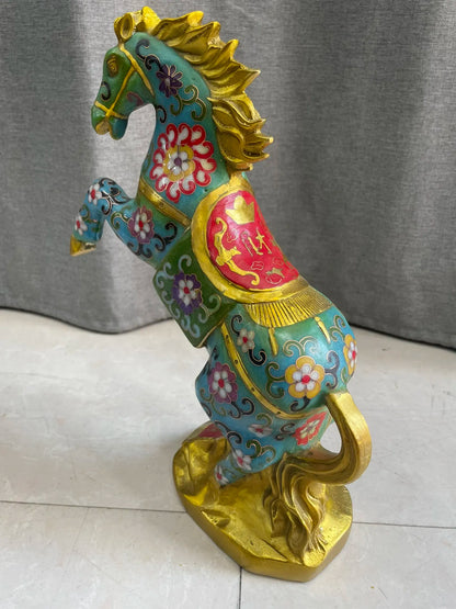 12"Tibet Temple Collection Old Bronze Cloisonne Enamel Horse Statue Standing Horse Get rich immediately Amass wealth Town house