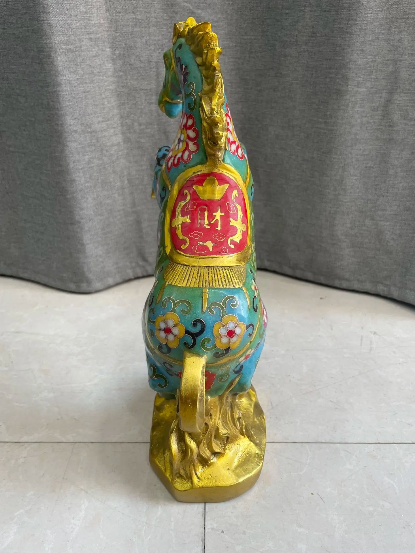 12"Tibet Temple Collection Old Bronze Cloisonne Enamel Horse Statue Standing Horse Get rich immediately Amass wealth Town house