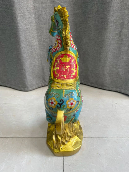 12"Tibet Temple Collection Old Bronze Cloisonne Enamel Horse Statue Standing Horse Get rich immediately Amass wealth Town house