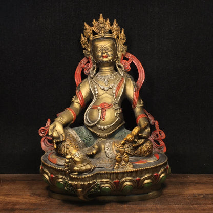 12"Tibet Temple Collection Old Bronze Painted Huang Caishen Yellow God of Wealth Buddha Sitting Buddha Ornaments Town House