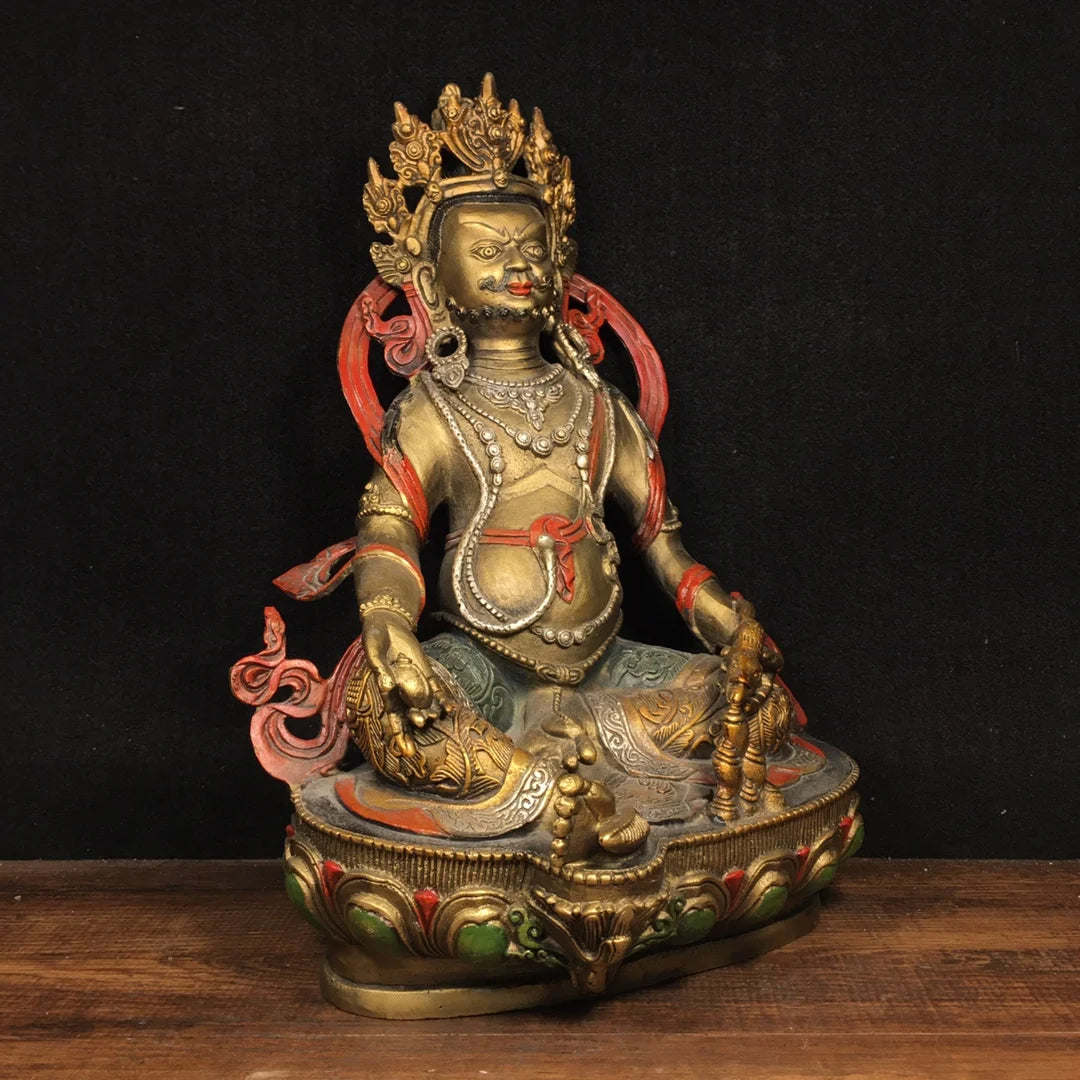 12"Tibet Temple Collection Old Bronze Painted Huang Caishen Yellow God of Wealth Buddha Sitting Buddha Ornaments Town House