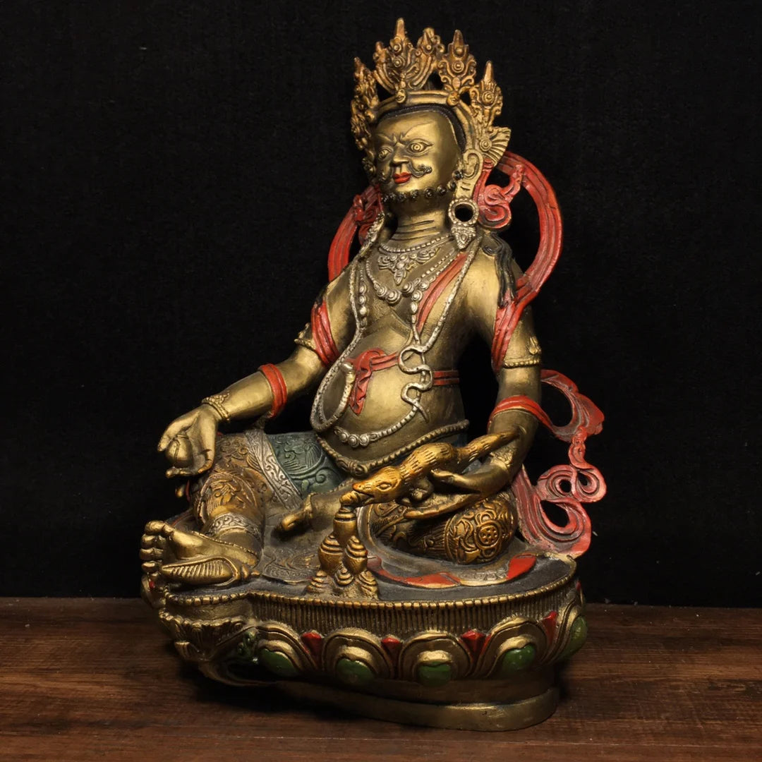 12"Tibet Temple Collection Old Bronze Painted Huang Caishen Yellow God of Wealth Buddha Sitting Buddha Ornaments Town House