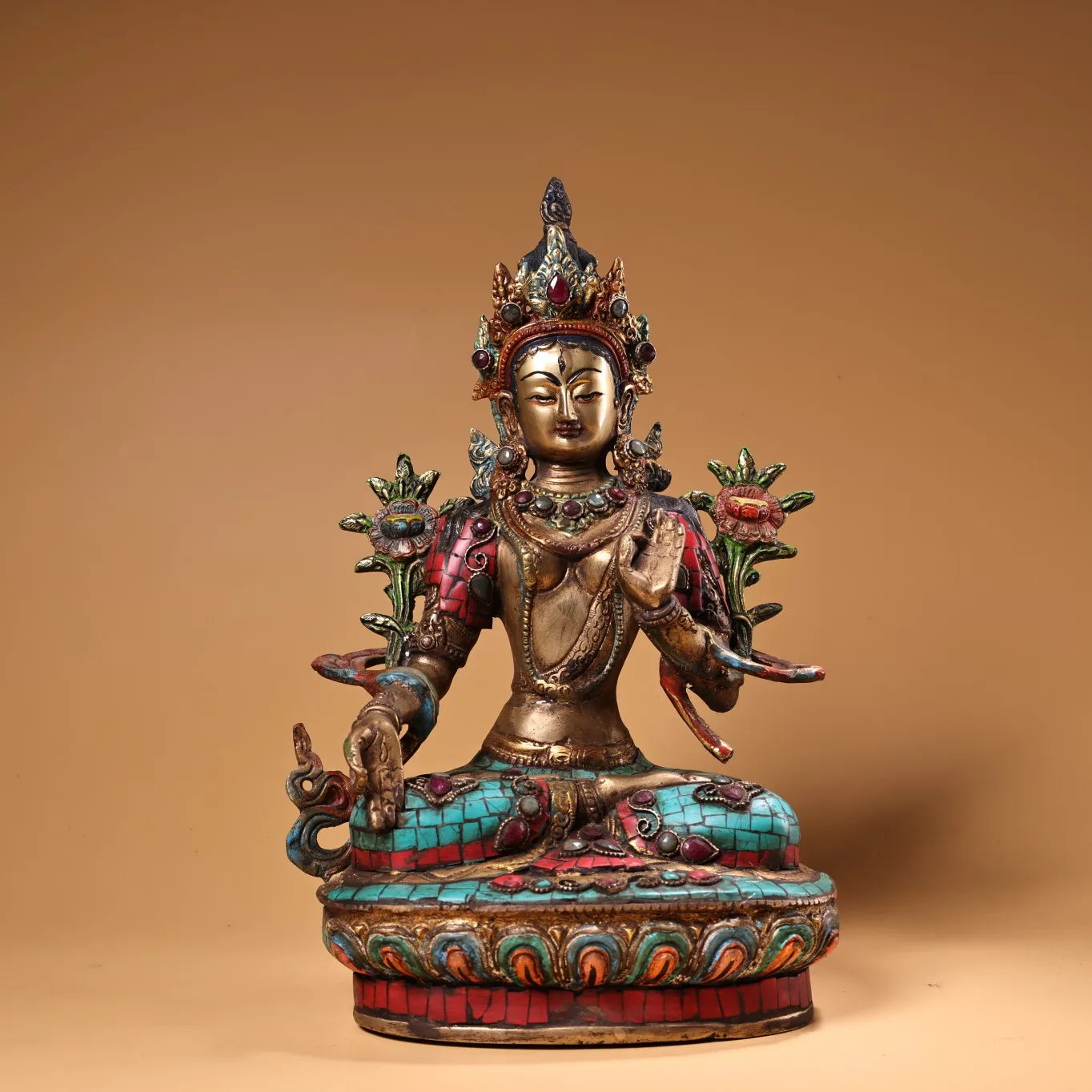 12"Tibet Temple Collection Old Bronze Painted Outline in gold Mosaic Gem Turquoise White Tara Sitting Buddha Worship Hall