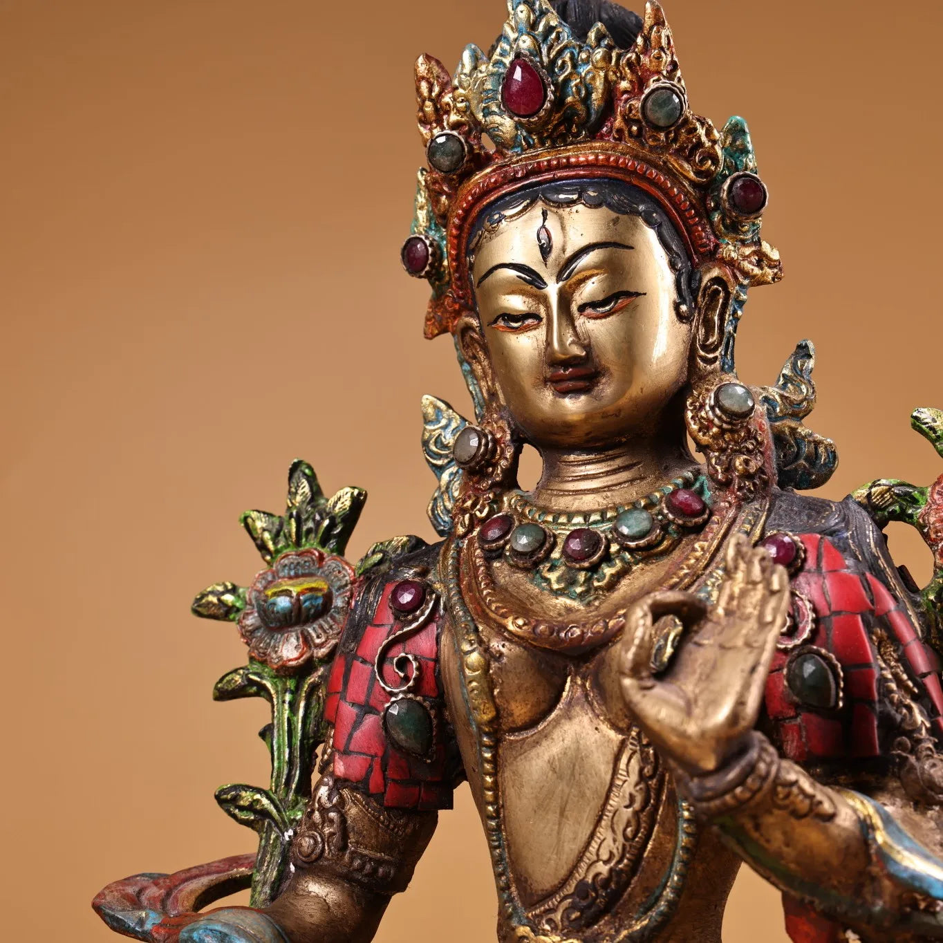 12"Tibet Temple Collection Old Bronze Painted Outline in gold Mosaic Gem Turquoise White Tara Sitting Buddha Worship Hall