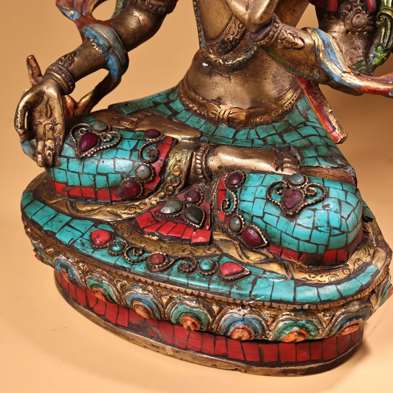 12"Tibet Temple Collection Old Bronze Painted Outline in gold Mosaic Gem Turquoise White Tara Sitting Buddha Worship Hall