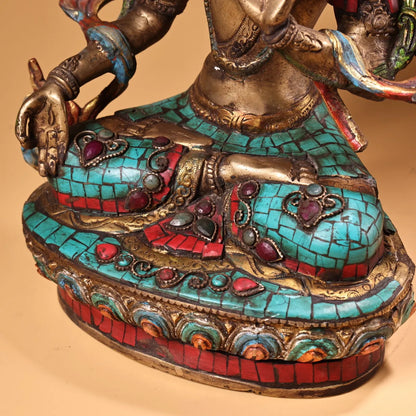 12"Tibet Temple Collection Old Bronze Painted Outline in gold Mosaic Gem Turquoise White Tara Sitting Buddha Worship Hall