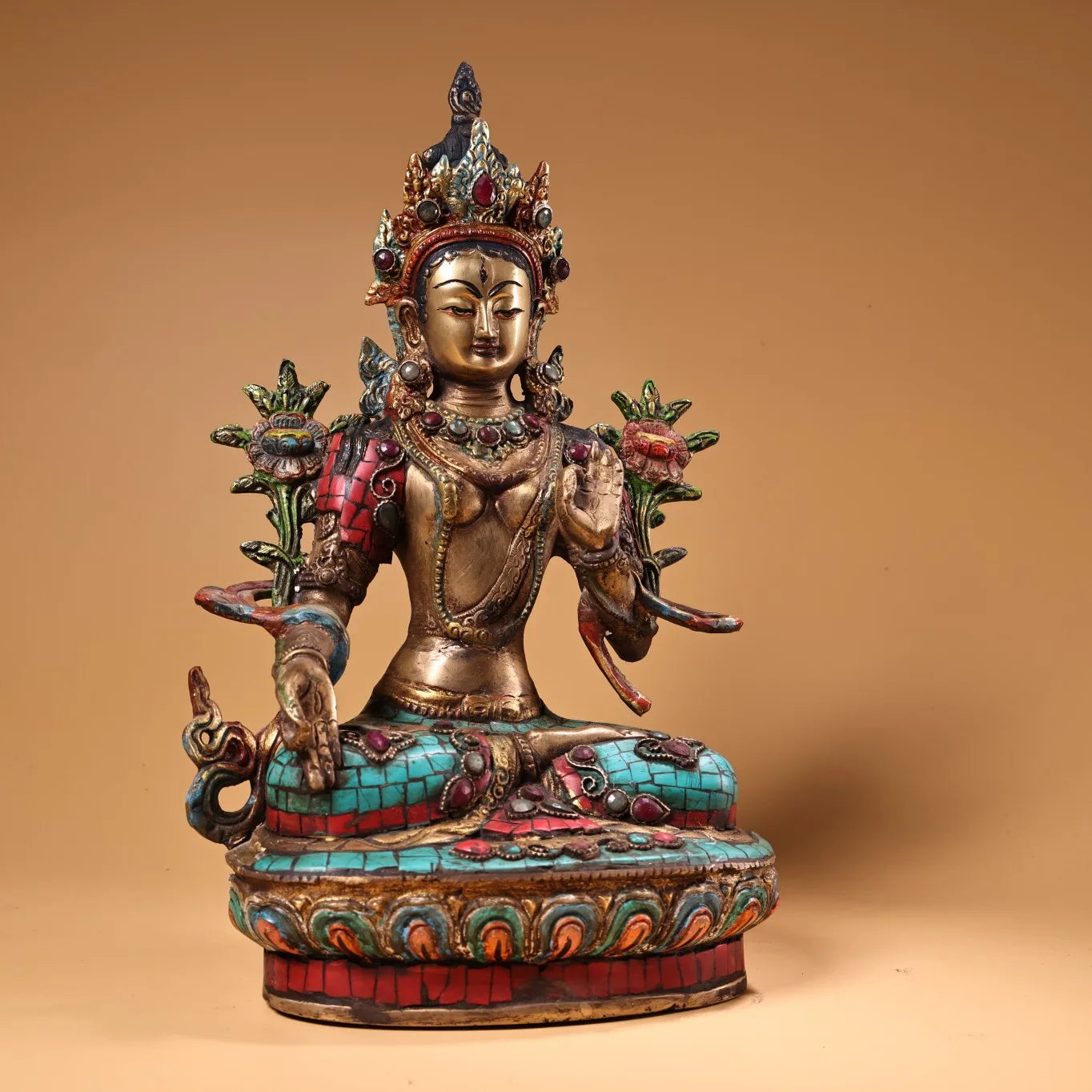 12"Tibet Temple Collection Old Bronze Painted Outline in gold Mosaic Gem Turquoise White Tara Sitting Buddha Worship Hall
