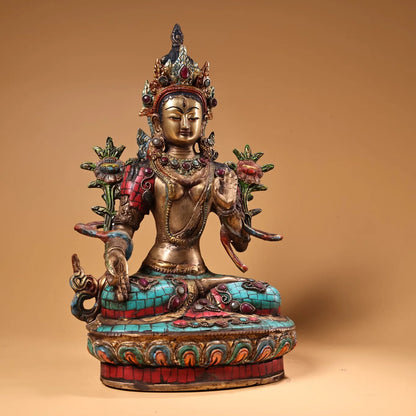 12"Tibet Temple Collection Old Bronze Painted Outline in gold Mosaic Gem Turquoise White Tara Sitting Buddha Worship Hall