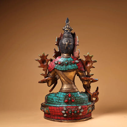 12"Tibet Temple Collection Old Bronze Painted Outline in gold Mosaic Gem Turquoise White Tara Sitting Buddha Worship Hall