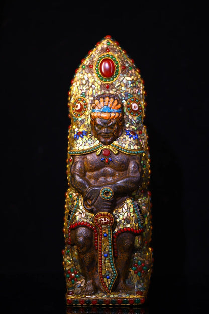 12"Tibet Temple Collection Old Natural Meteorite Mosaic Gem gZi Beads Shell Acalanatha Hercules Buddha Worship Hall Town house