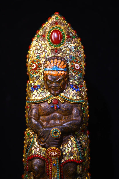 12"Tibet Temple Collection Old Natural Meteorite Mosaic Gem gZi Beads Shell Acalanatha Hercules Buddha Worship Hall Town house