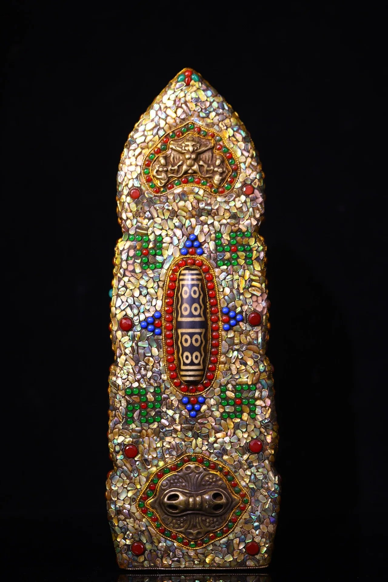 12"Tibet Temple Collection Old Natural Meteorite Mosaic Gem gZi Beads Shell Acalanatha Hercules Buddha Worship Hall Town house