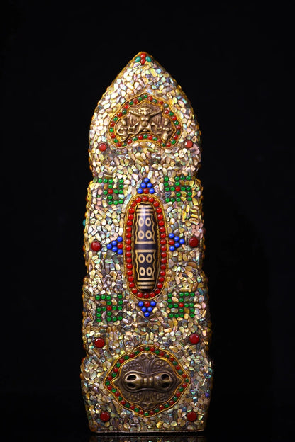 12"Tibet Temple Collection Old Natural Meteorite Mosaic Gem gZi Beads Shell Acalanatha Hercules Buddha Worship Hall Town house