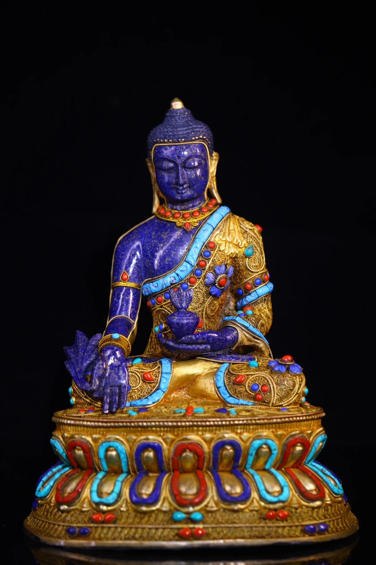 12"Tibet Temple Collection Old Natural lapis lazuli Mosaic Gem Turquoise Medicine Buddha Double Lotus Platform Worship Hall