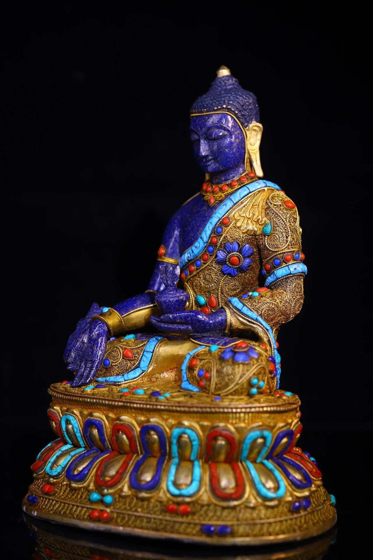 12"Tibet Temple Collection Old Natural lapis lazuli Mosaic Gem Turquoise Medicine Buddha Double Lotus Platform Worship Hall