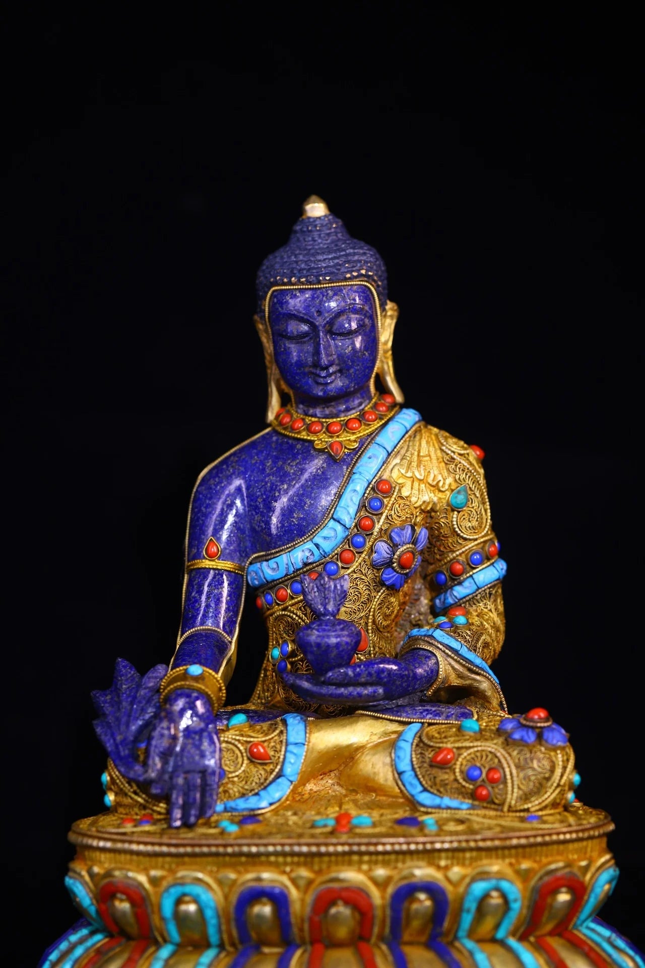 12"Tibet Temple Collection Old Natural lapis lazuli Mosaic Gem Turquoise Medicine Buddha Double Lotus Platform Worship Hall