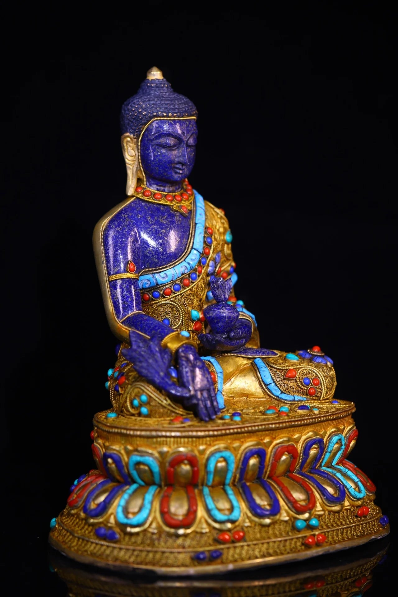 12"Tibet Temple Collection Old Natural lapis lazuli Mosaic Gem Turquoise Medicine Buddha Double Lotus Platform Worship Hall