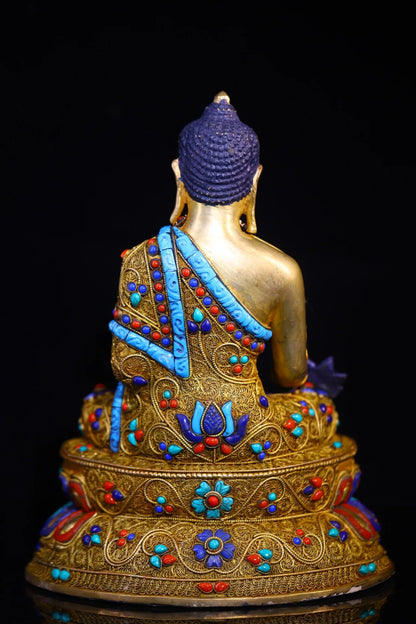12"Tibet Temple Collection Old Natural lapis lazuli Mosaic Gem Turquoise Medicine Buddha Double Lotus Platform Worship Hall