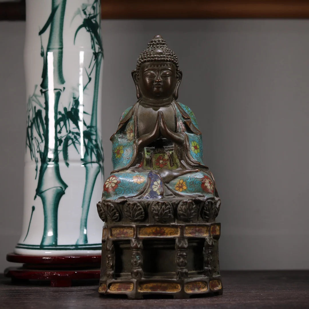 12"Tibet Temple Collection Old Purple Bronze Cloisonne Enamel Amitabha Buddha Shakyamuni Lotus Buddha Platform Worship Hall