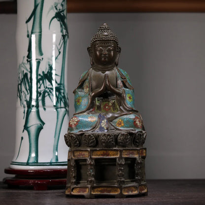 12"Tibet Temple Collection Old Purple Bronze Cloisonne Enamel Amitabha Buddha Shakyamuni Lotus Buddha Platform Worship Hall