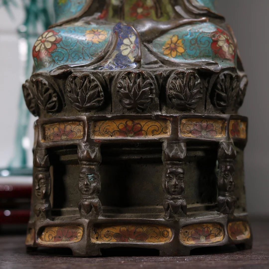 12"Tibet Temple Collection Old Purple Bronze Cloisonne Enamel Amitabha Buddha Shakyamuni Lotus Buddha Platform Worship Hall