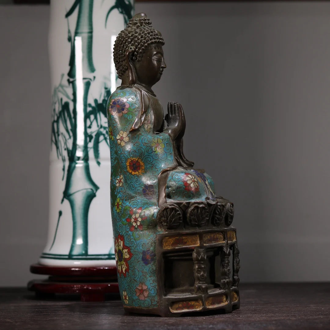 12"Tibet Temple Collection Old Purple Bronze Cloisonne Enamel Amitabha Buddha Shakyamuni Lotus Buddha Platform Worship Hall
