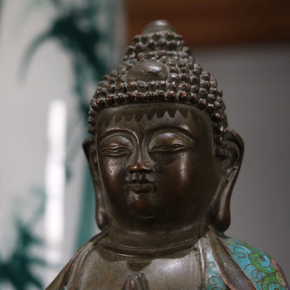 12"Tibet Temple Collection Old Purple Bronze Cloisonne Enamel Amitabha Buddha Shakyamuni Lotus Buddha Platform Worship Hall