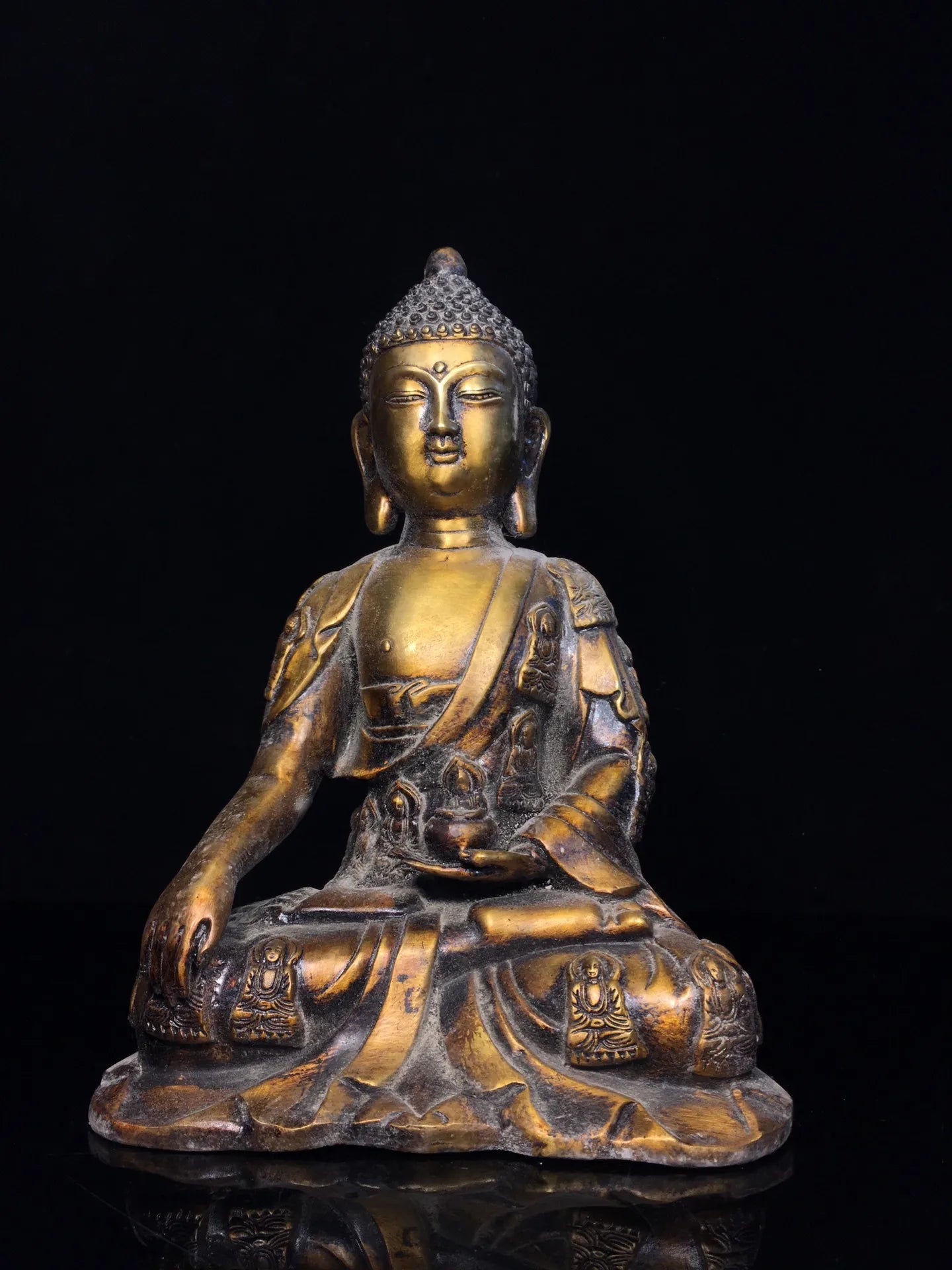 12"Tibet Temple Collection Old purple Bronze Gilding Amitabha Third Buddha Shakyamuni seated Buddha Worship Hall Town house