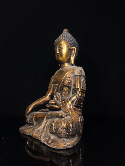 12"Tibet Temple Collection Old purple Bronze Gilding Amitabha Third Buddha Shakyamuni seated Buddha Worship Hall Town house