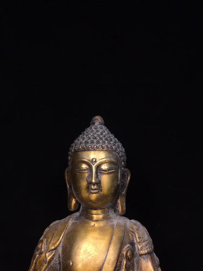 12"Tibet Temple Collection Old purple Bronze Gilding Amitabha Third Buddha Shakyamuni seated Buddha Worship Hall Town house