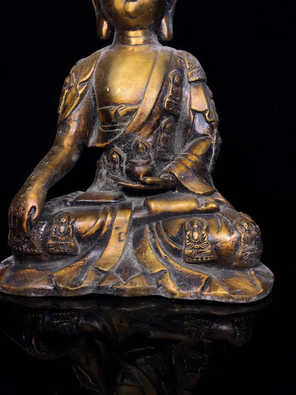 12"Tibet Temple Collection Old purple Bronze Gilding Amitabha Third Buddha Shakyamuni seated Buddha Worship Hall Town house