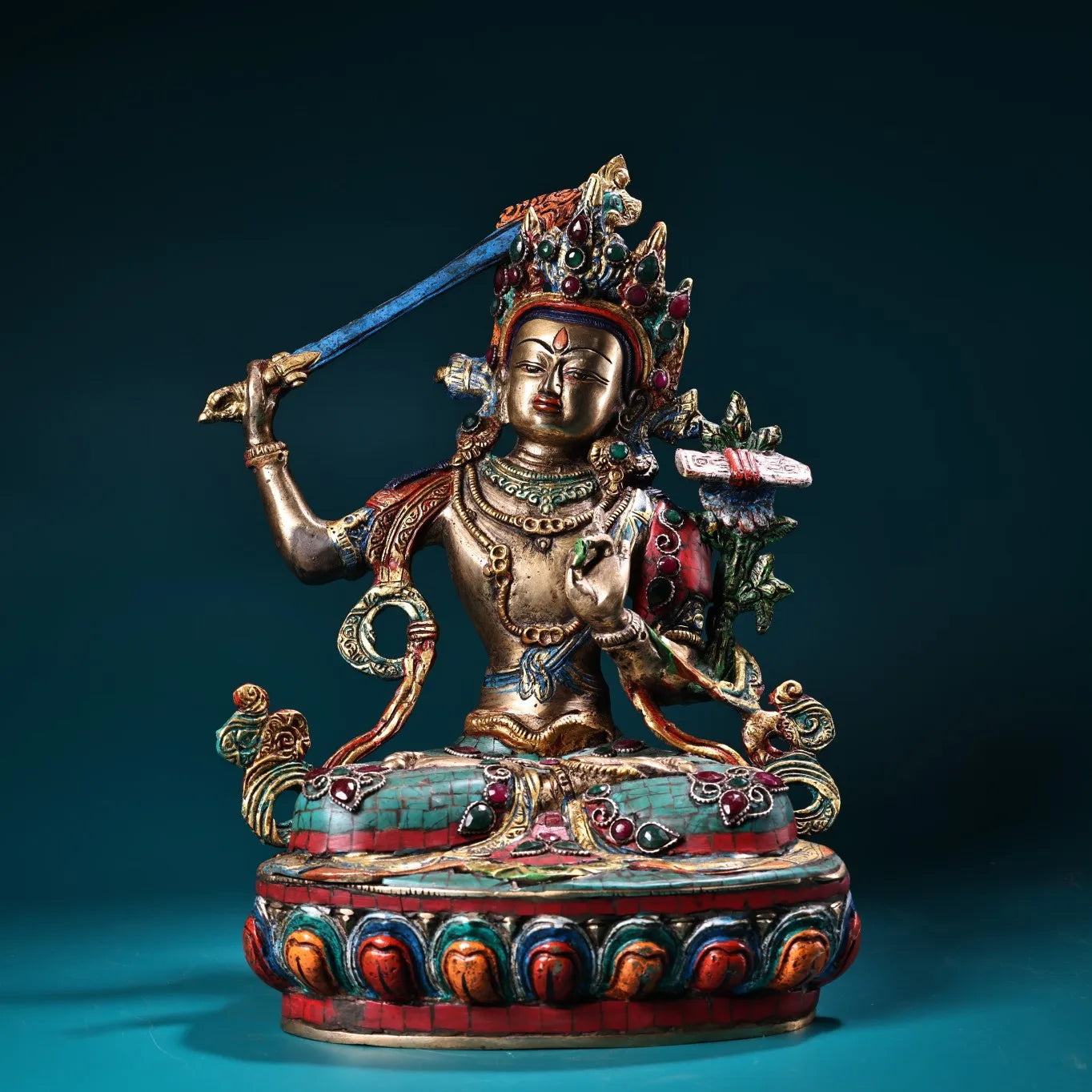 12"Tibetan Temple Collectio Old Bronze Outline in gold Mosaic Gem Turquoise Manjushri Bodhisattva Buddha Worship Hall Town house