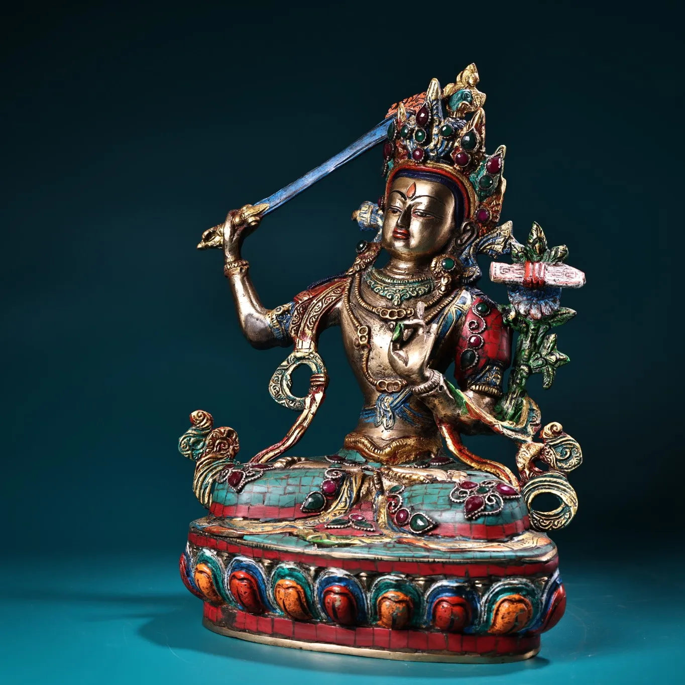 12"Tibetan Temple Collectio Old Bronze Outline in gold Mosaic Gem Turquoise Manjushri Bodhisattva Buddha Worship Hall Town house