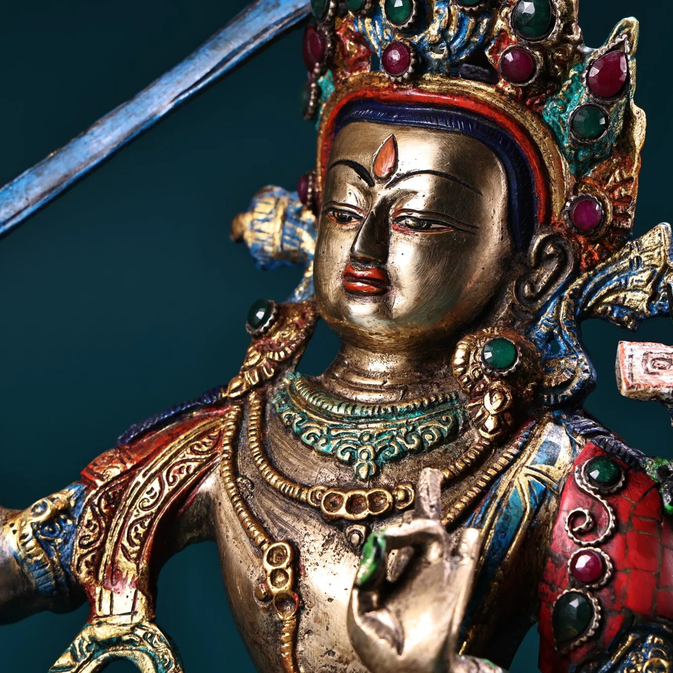 12"Tibetan Temple Collectio Old Bronze Outline in gold Mosaic Gem Turquoise Manjushri Bodhisattva Buddha Worship Hall Town house