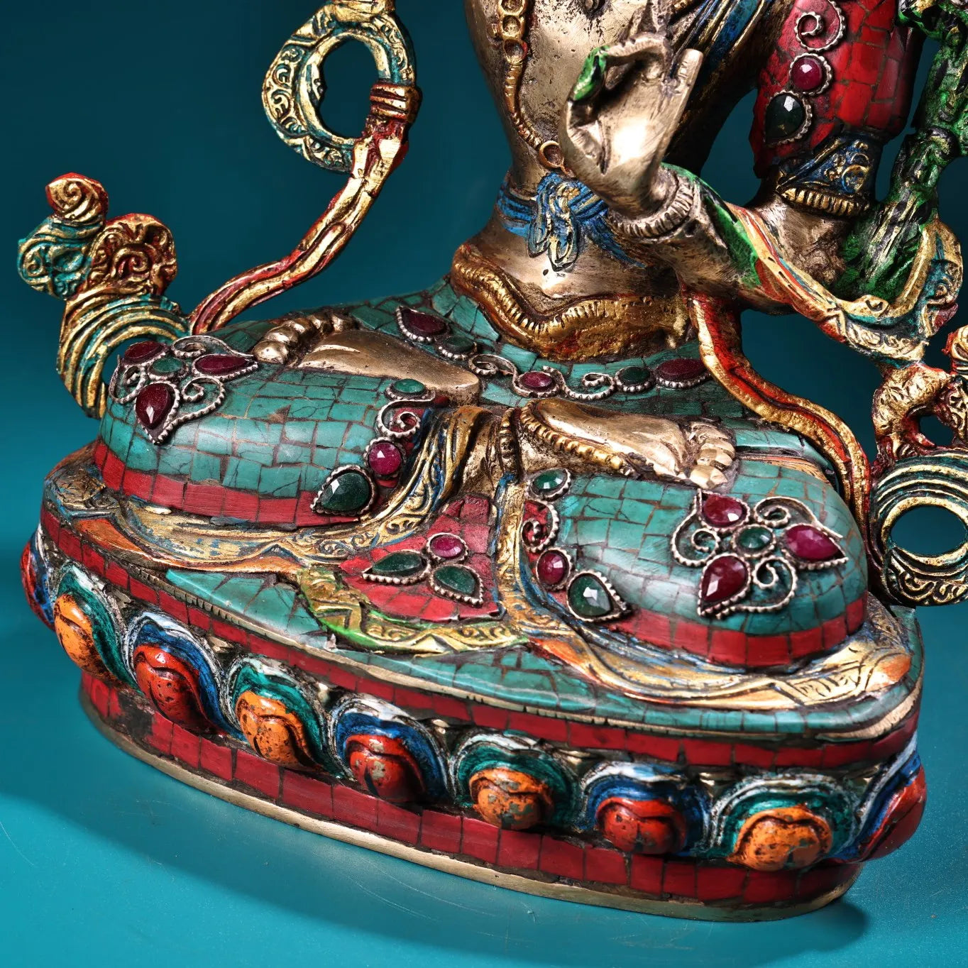 12"Tibetan Temple Collectio Old Bronze Outline in gold Mosaic Gem Turquoise Manjushri Bodhisattva Buddha Worship Hall Town house