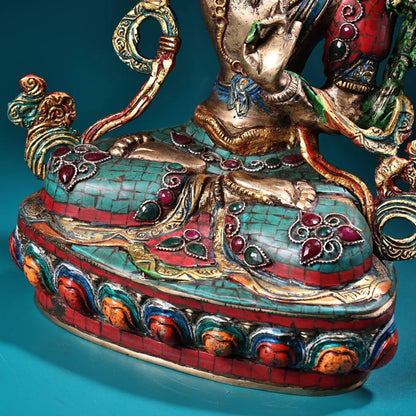 12"Tibetan Temple Collectio Old Bronze Outline in gold Mosaic Gem Turquoise Manjushri Bodhisattva Buddha Worship Hall Town house