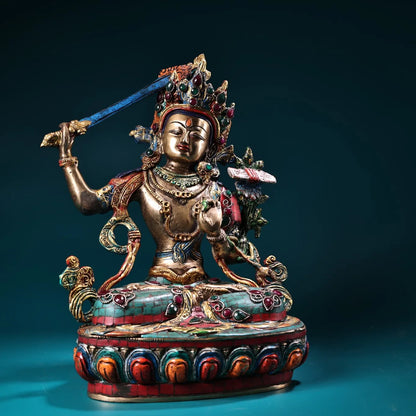 12"Tibetan Temple Collectio Old Bronze Outline in gold Mosaic Gem Turquoise Manjushri Bodhisattva Buddha Worship Hall Town house