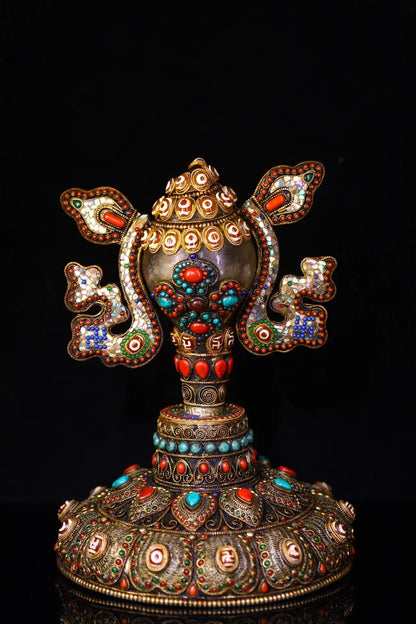 12"Tibetan Temple Collection Natural Crystal Tibetan silver Mosaic Gem gZi Beads Shell Buddha Conch Base Set Amulet Town house