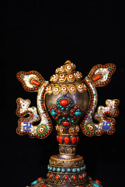 12"Tibetan Temple Collection Natural Crystal Tibetan silver Mosaic Gem gZi Beads Shell Buddha Conch Base Set Amulet Town house