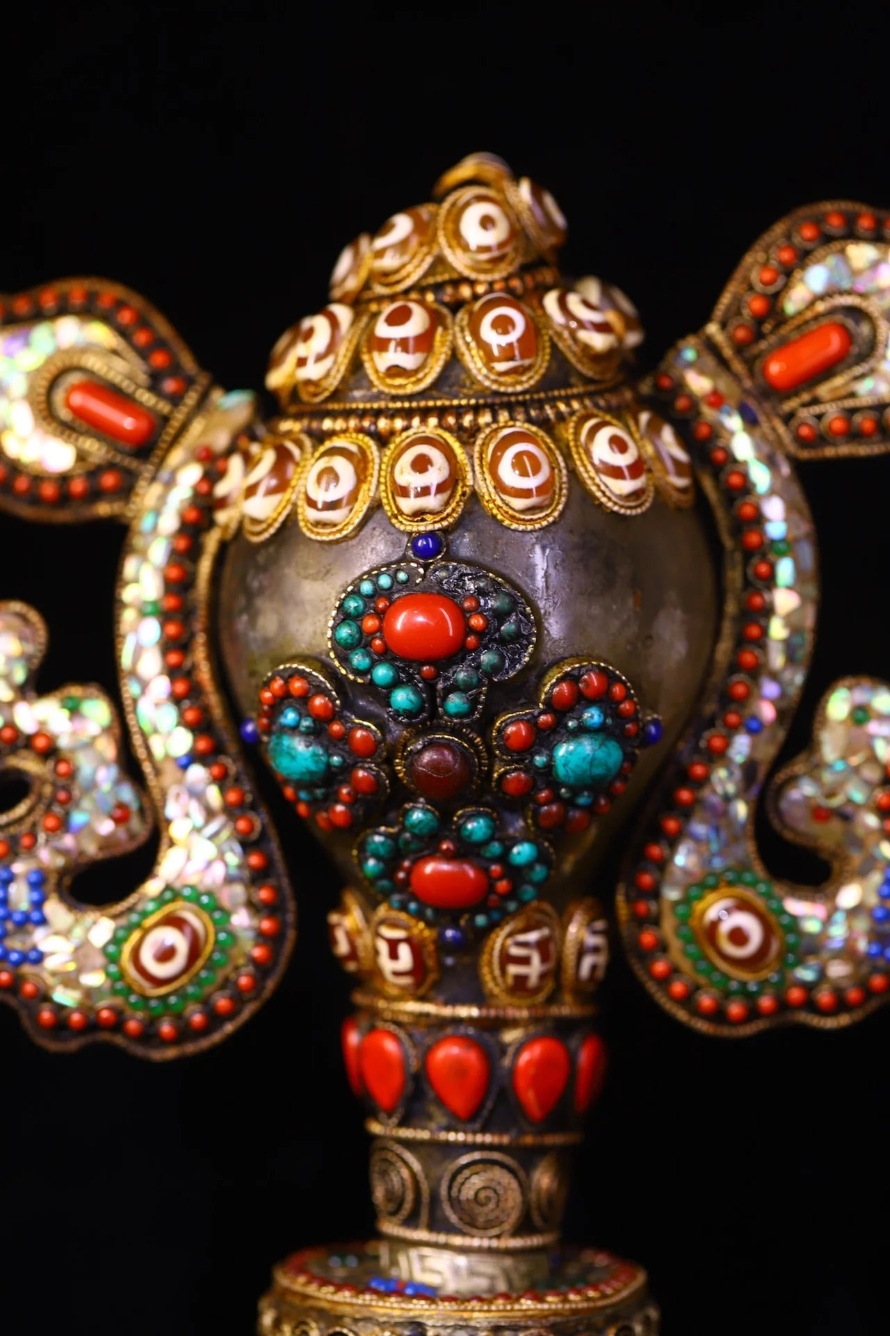12"Tibetan Temple Collection Natural Crystal Tibetan silver Mosaic Gem gZi Beads Shell Buddha Conch Base Set Amulet Town house